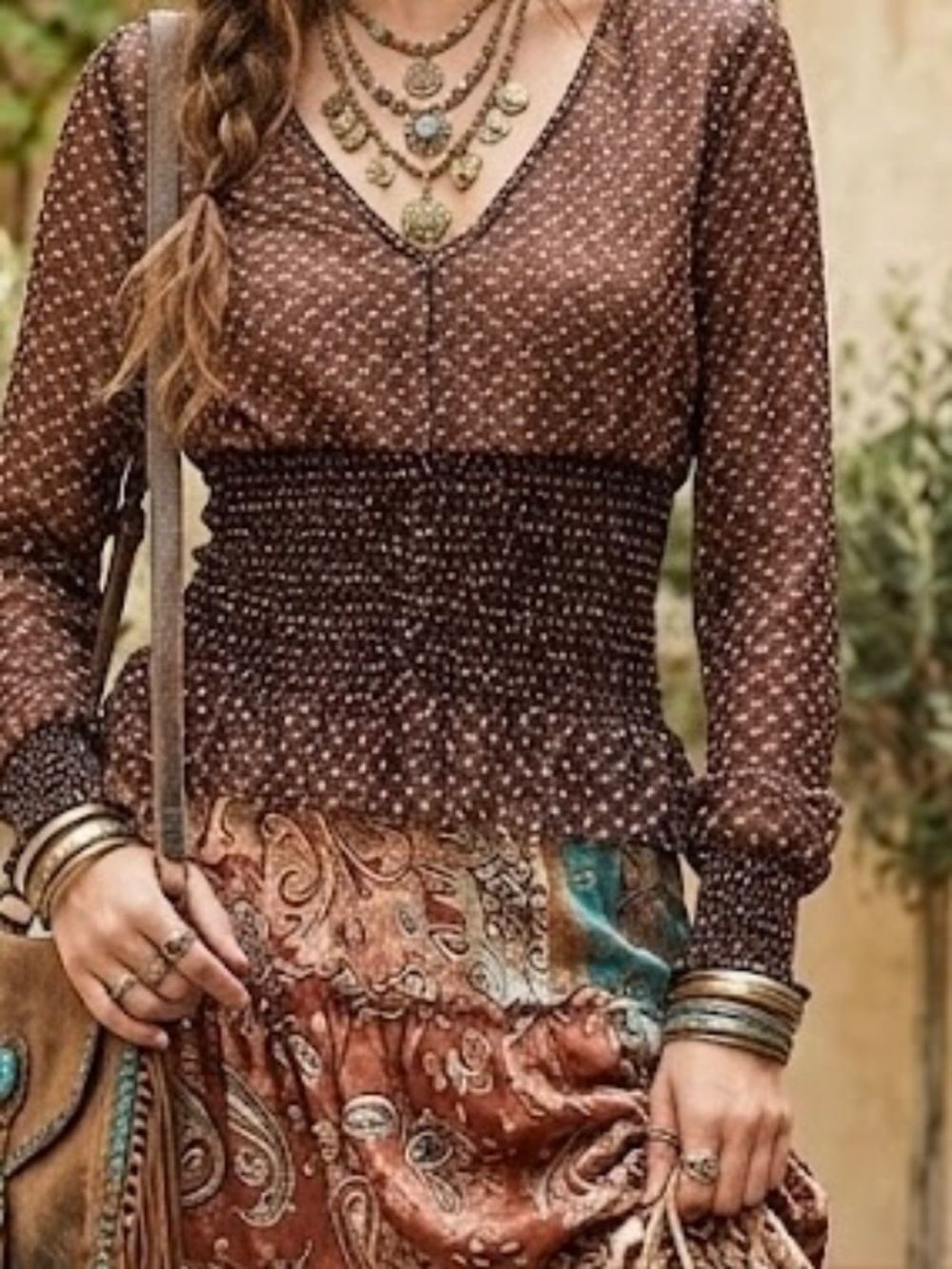 Y2K Moda International Brown Floral Sheer Mesh Boho Smocked V-Neck Top Size S